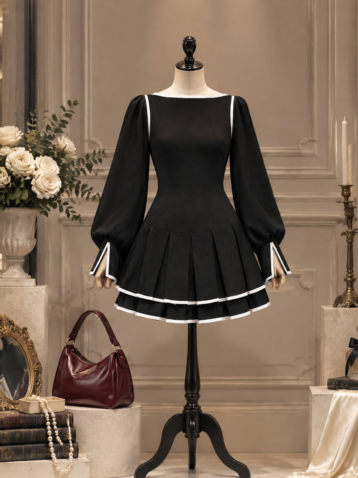 Vintage Contrast Trim Pleated Mini Dress