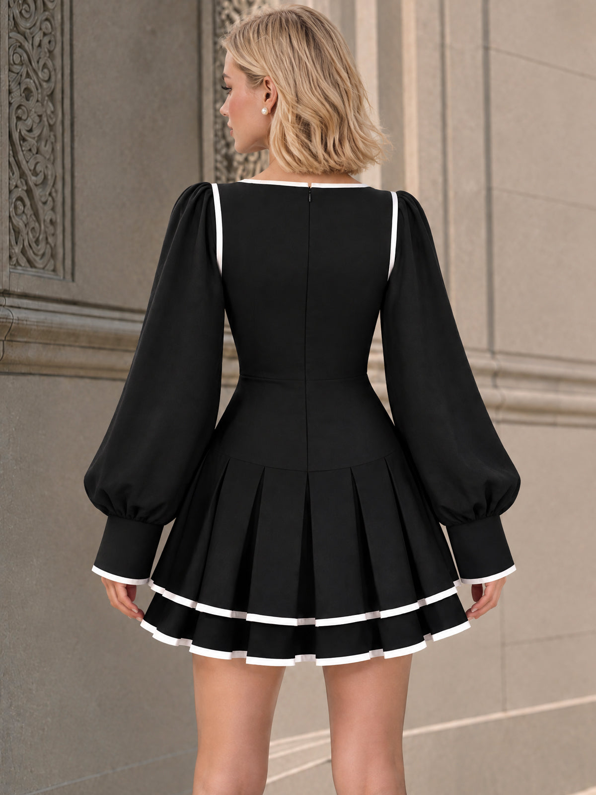 Vintage Contrast Trim Pleated Mini Dress