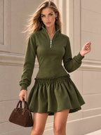 Vintage Zip Neck Ruffle Hem Mini Dress