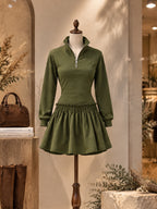 Vintage Zip Neck Ruffle Hem Mini Dress