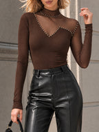 Vintage Studded Sheer Mesh Long Sleeve Top