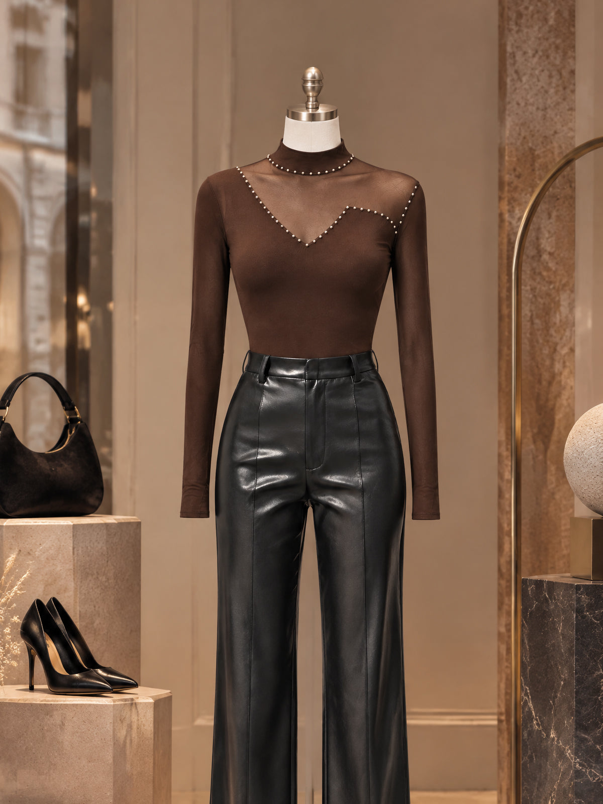 Vintage Studded Sheer Mesh Long Sleeve Top