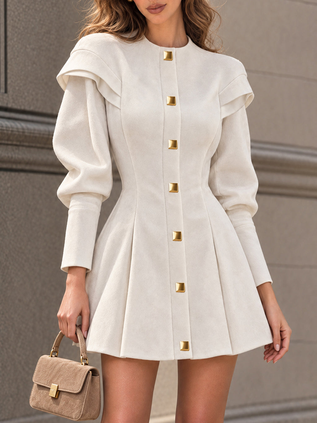 Vintage Ruffle Shoulder Button Mini Dress
