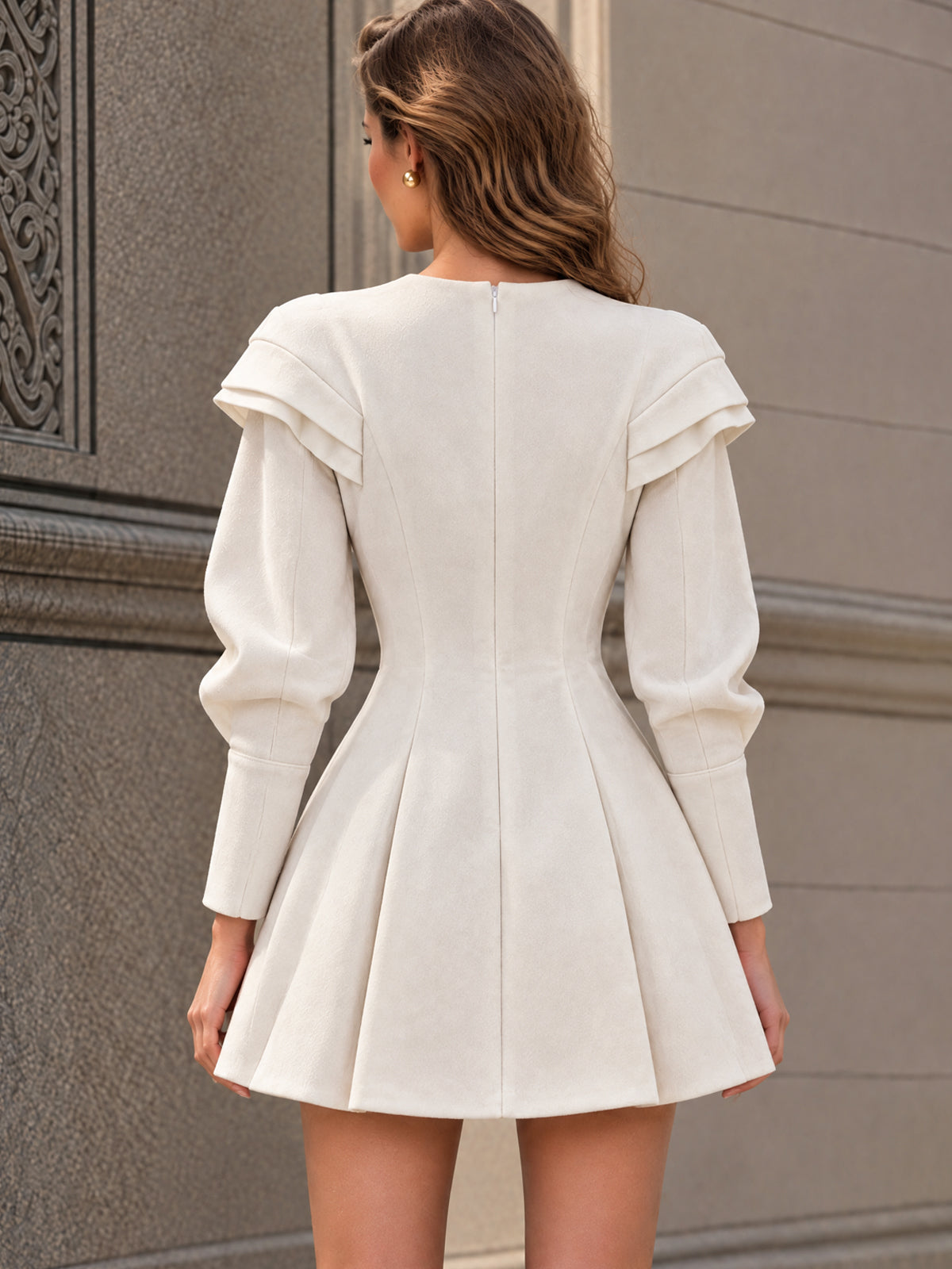 Vintage Ruffle Shoulder Button Mini Dress