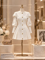 Vintage Ruffle Shoulder Button Mini Dress