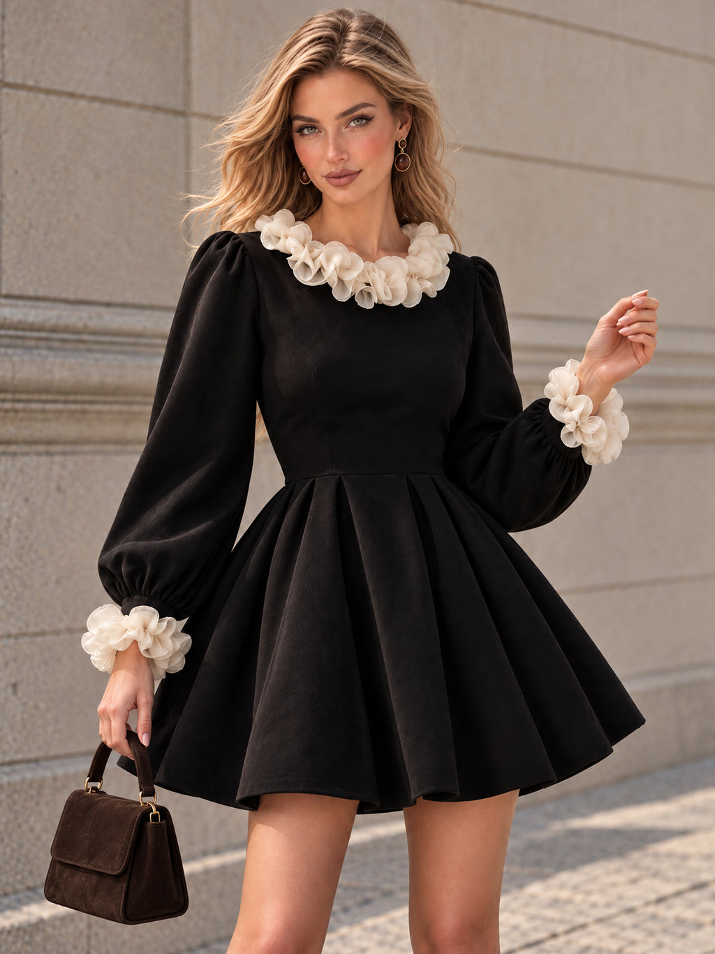 Vintage Ruffle Collar Puff Sleeve Mini Dress
