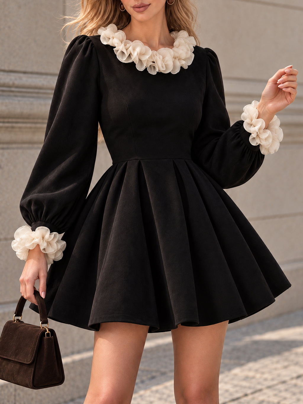 Vintage Ruffle Collar Puff Sleeve Mini Dress