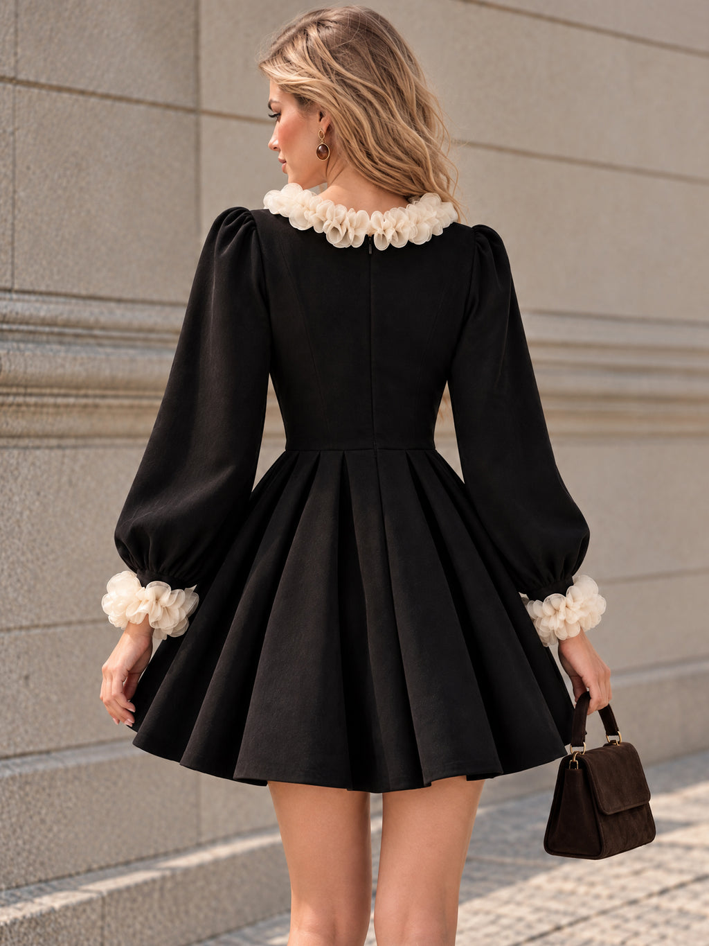 Vintage Ruffle Collar Puff Sleeve Mini Dress