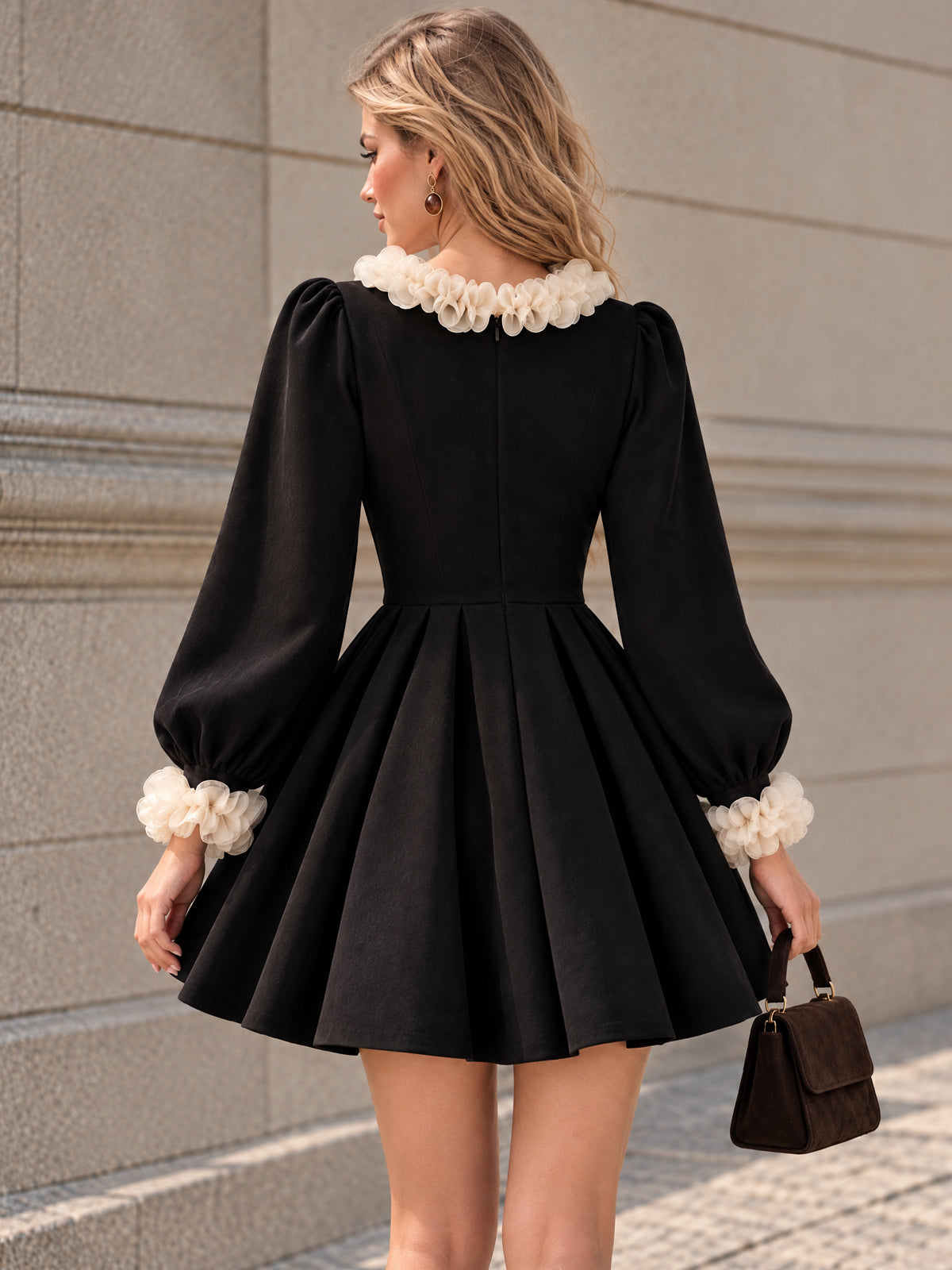 Vintage Ruffle Collar Puff Sleeve Mini Dress
