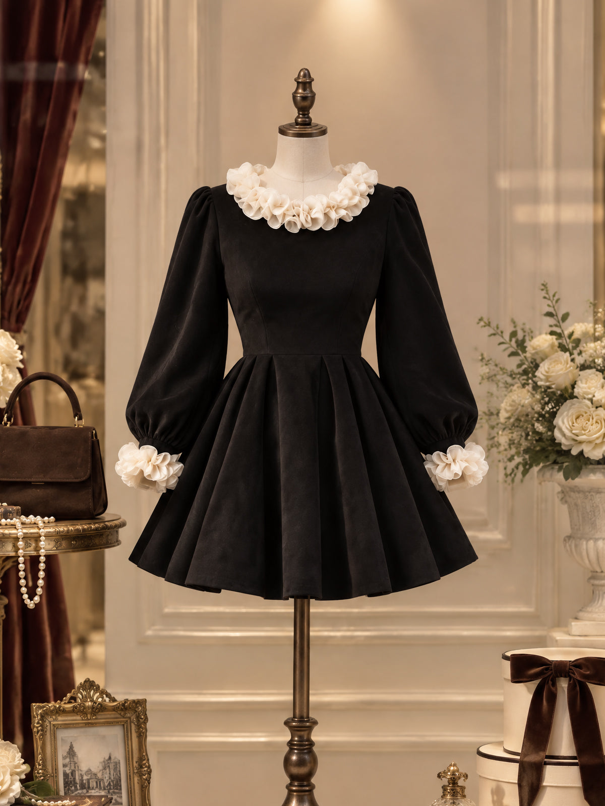 Vintage Ruffle Collar Puff Sleeve Mini Dress