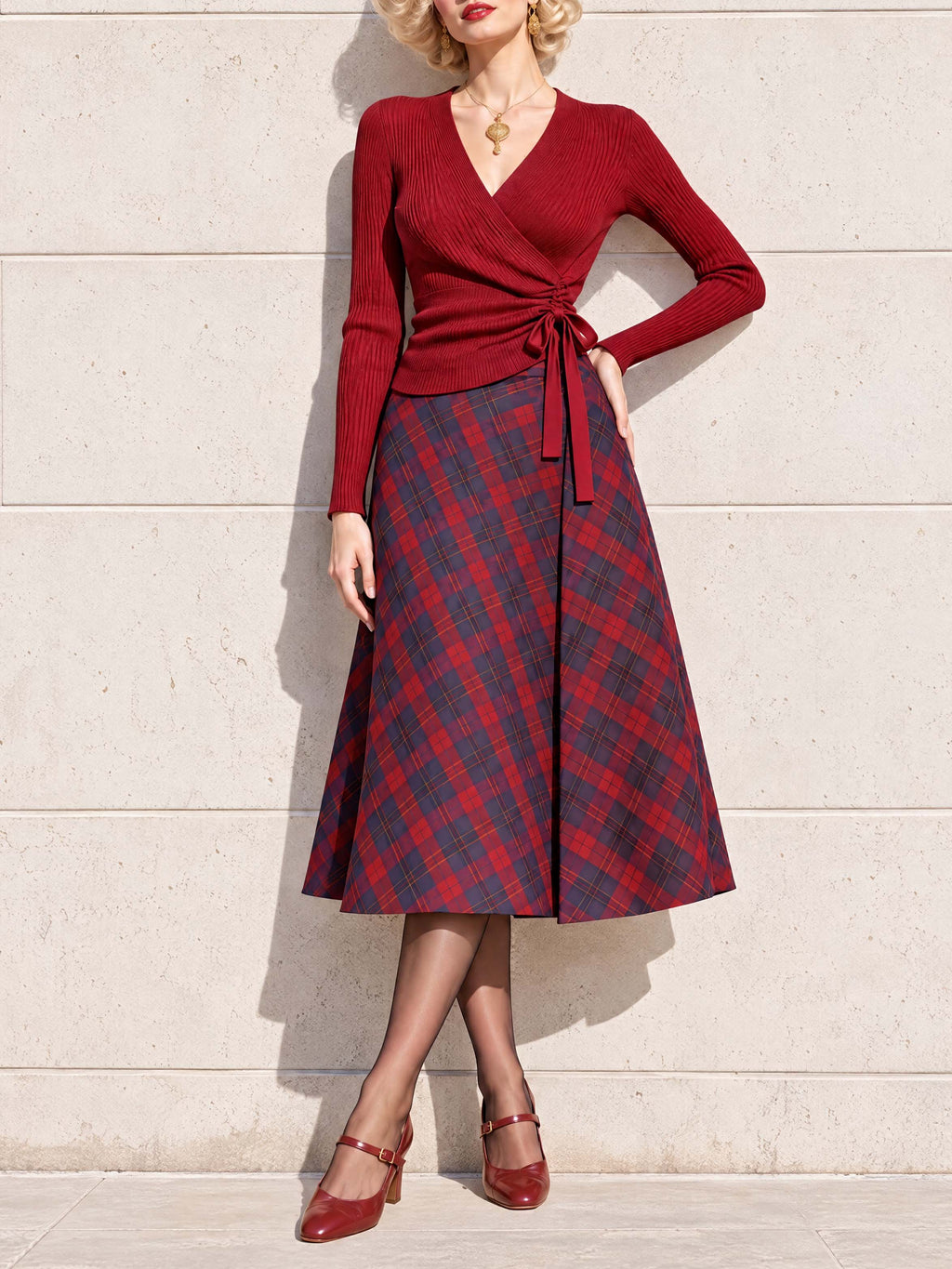 Vintage High Waist Plaid A-line Midi Skirt