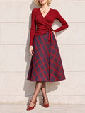 Vintage High Waist Plaid A-line Midi Skirt