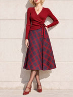 Vintage High Waist Plaid A-line Midi Skirt