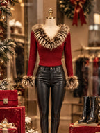 Vintage Faux Fur Trim Ribbed Sweater