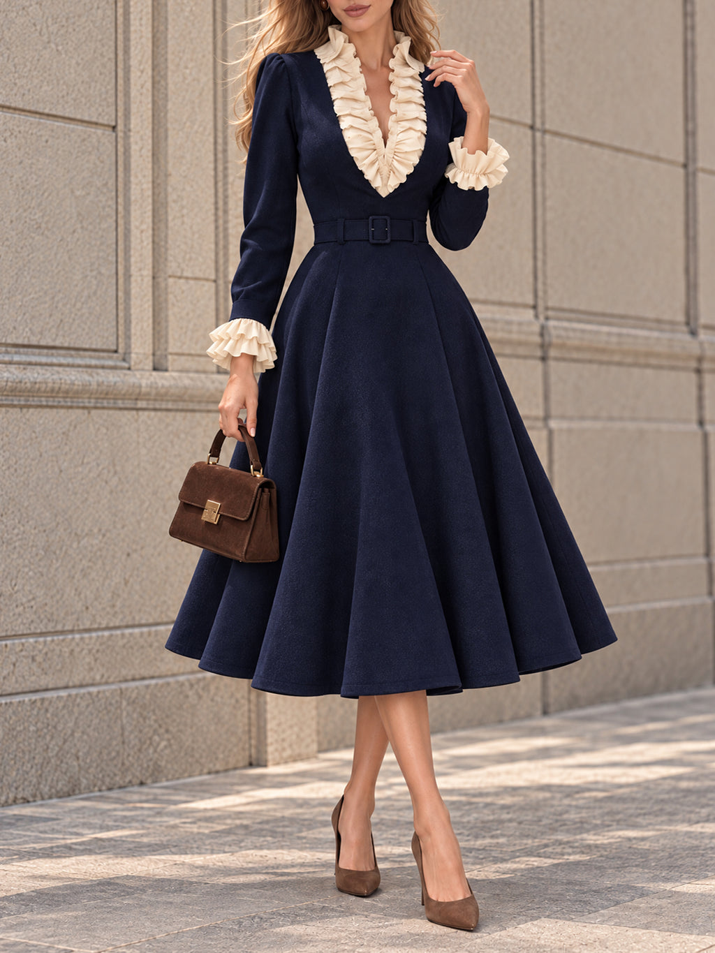 Vintage Ruffle V-Neck Belted Midi Dress