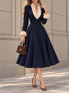 Vintage Ruffle V-Neck Belted Midi Dress