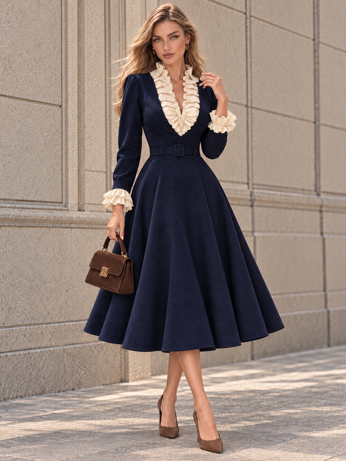 Vintage Ruffle V-Neck Belted Midi Dress