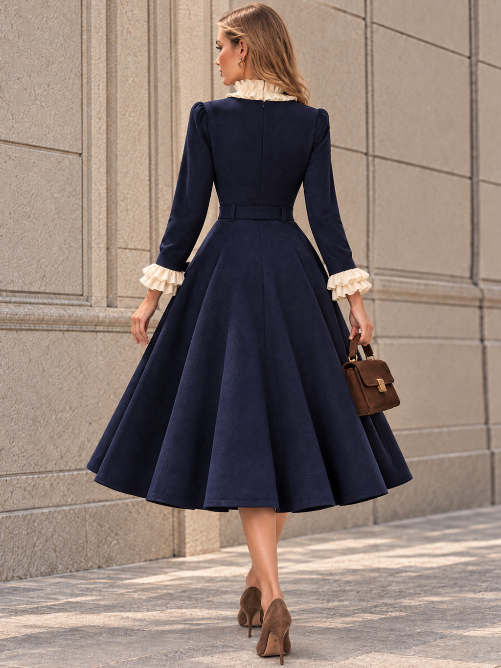 Vintage Ruffle V-Neck Belted Midi Dress