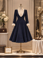 Vintage Ruffle V-Neck Belted Midi Dress