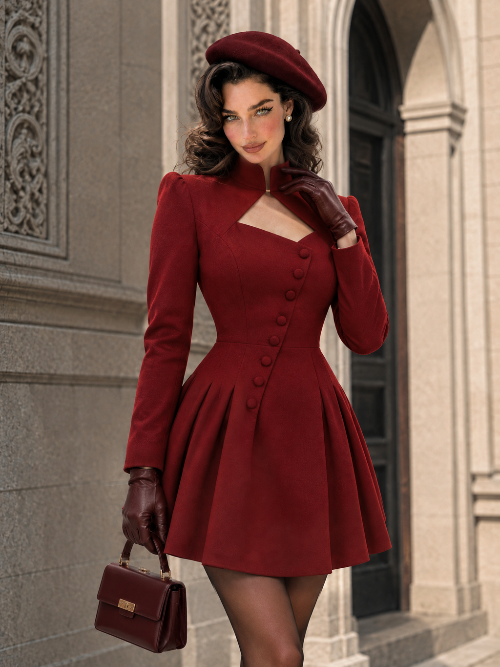Vintage Stand Collar Cutout Diagonal Placket Mini Umbrella Dress