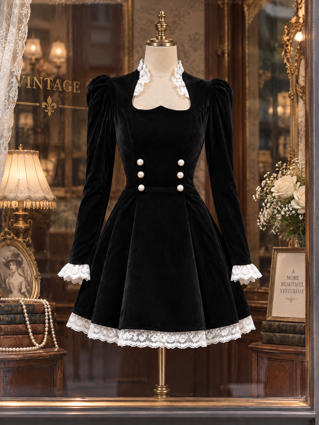 Vintage Lace Spliced Velvet Mini Dress
