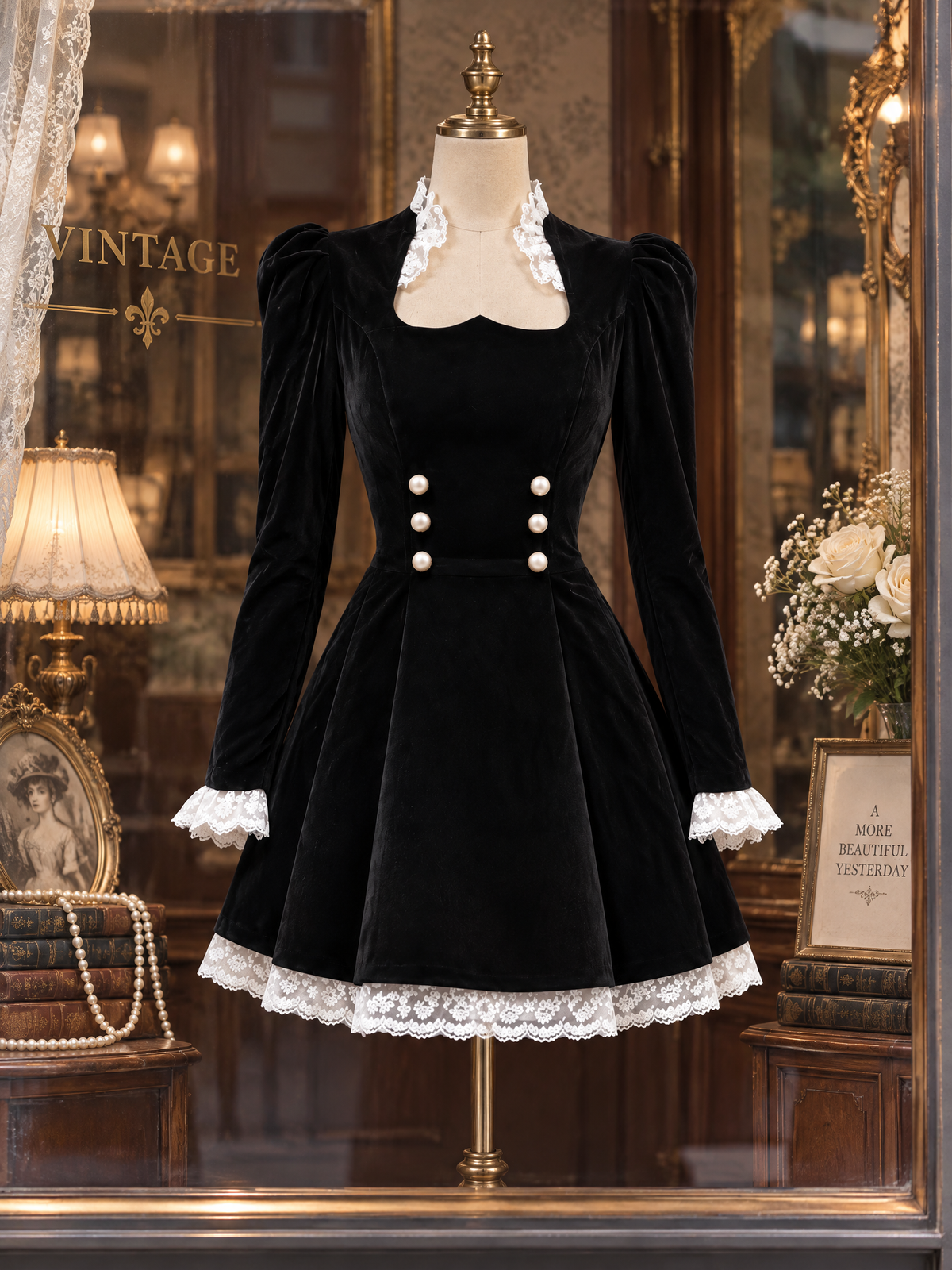 Vintage Lace Spliced Velvet Mini Dress