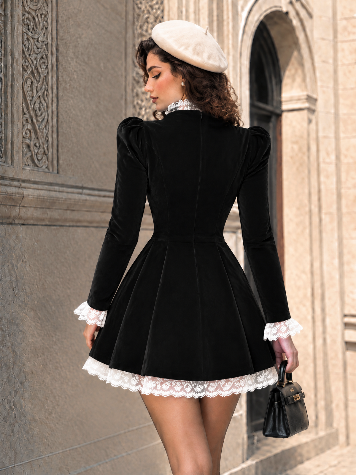 Vintage Lace Spliced Velvet Mini Dress