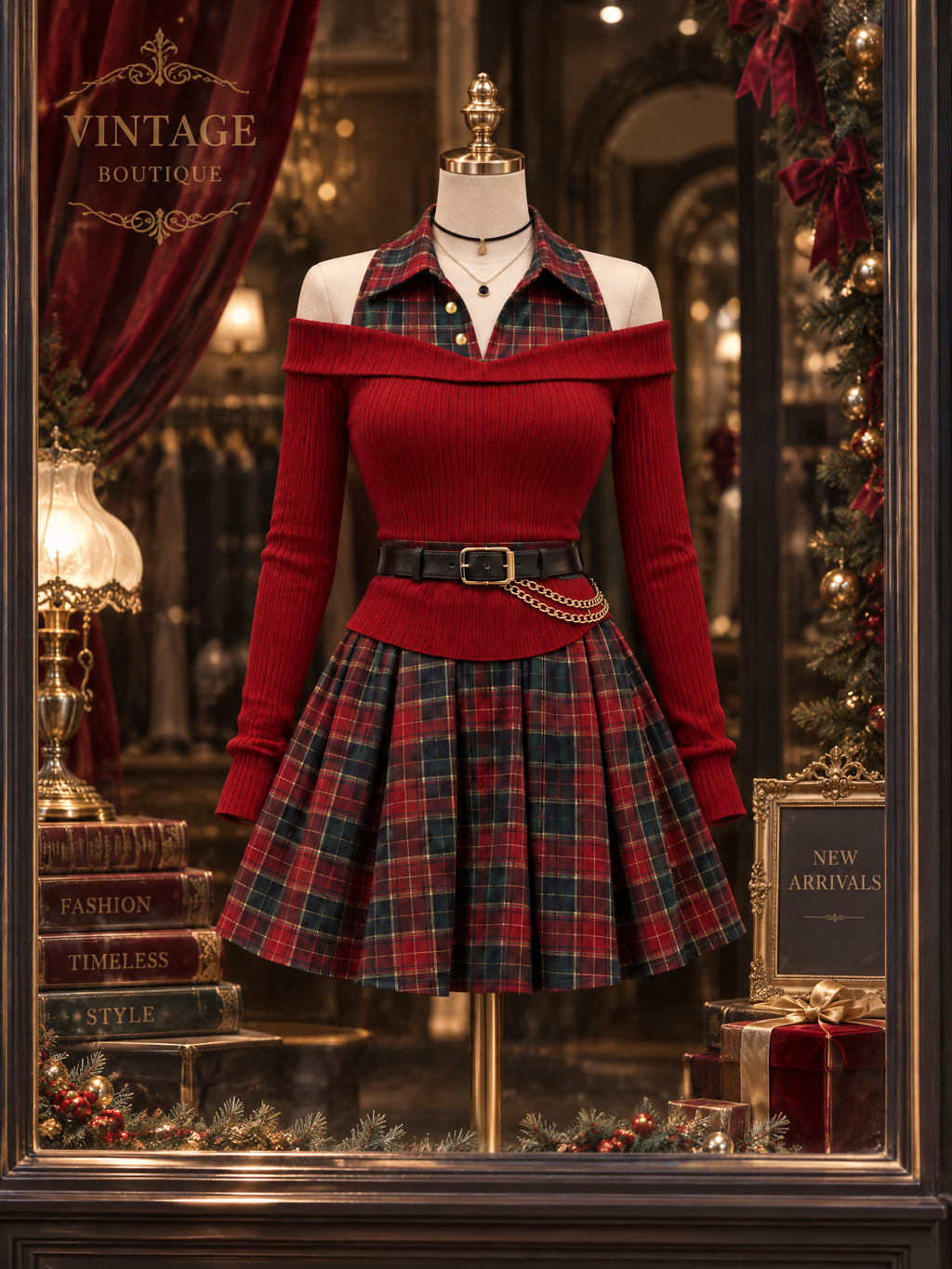 Vintage Plaid Spliced Knit Faux Two-Piece Mini Dress
