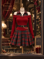Vintage Plaid Spliced Knit Faux Two-Piece Mini Dress