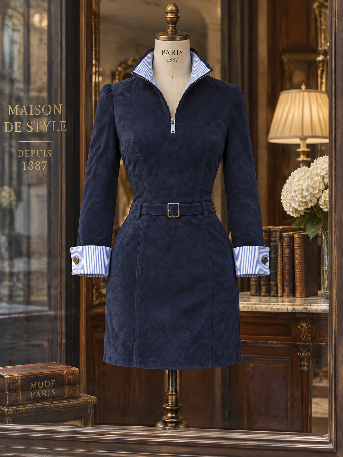 Vintage Faux Suede Zip Collar Mini Dress
