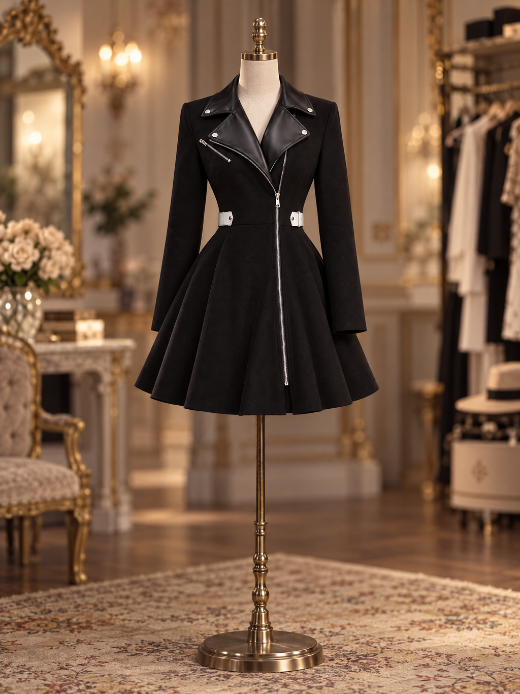 Vintage PU Leather Lapel Zip Belted Flare Mini Dress
