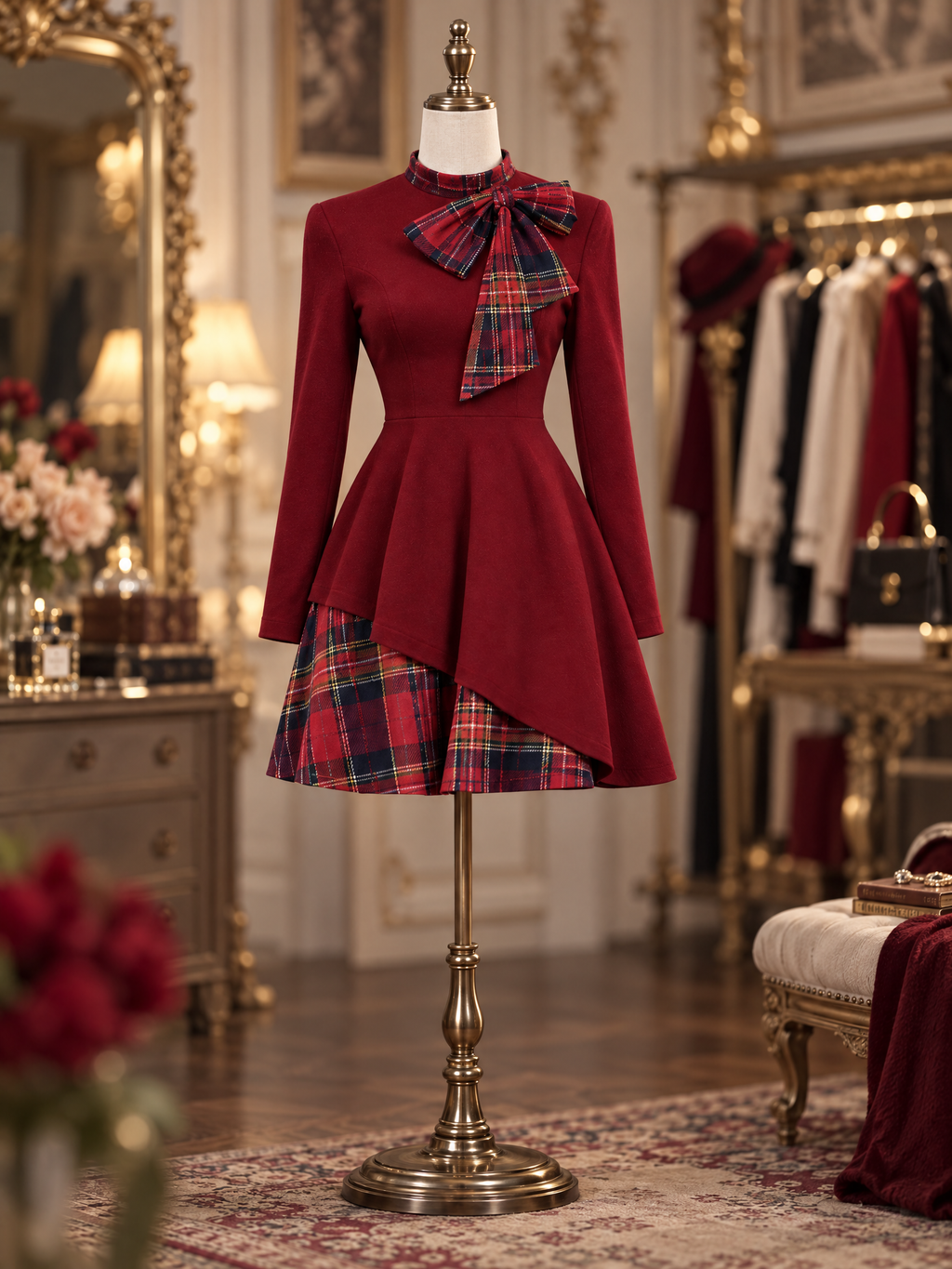 Vintage Christmas Plaid Patchwork Bow High Neck Mini Dress