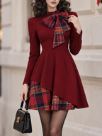 Vintage Christmas Plaid Patchwork Bow High Neck Mini Dress
