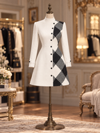 Vintage Houndstooth Patchwork Stand Collar Button Mini Dress
