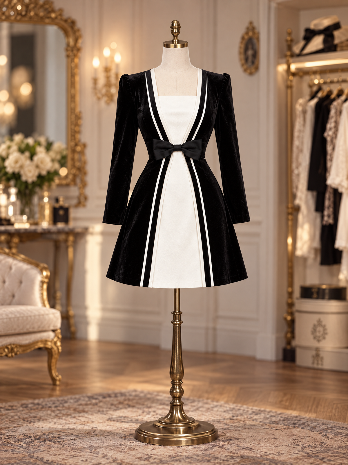 Vintage Square Neck Velvet Bow Contrast Trim A-line Dress