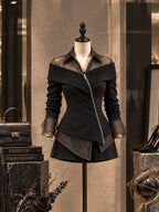 Vintage Faux Suede Sheer Trim Asymmetric Zip Jacket