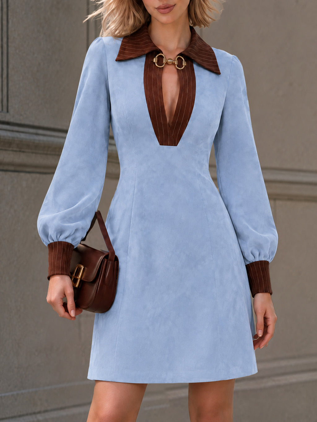 Vintage Contrast Collar Faux Suede Mini Dress