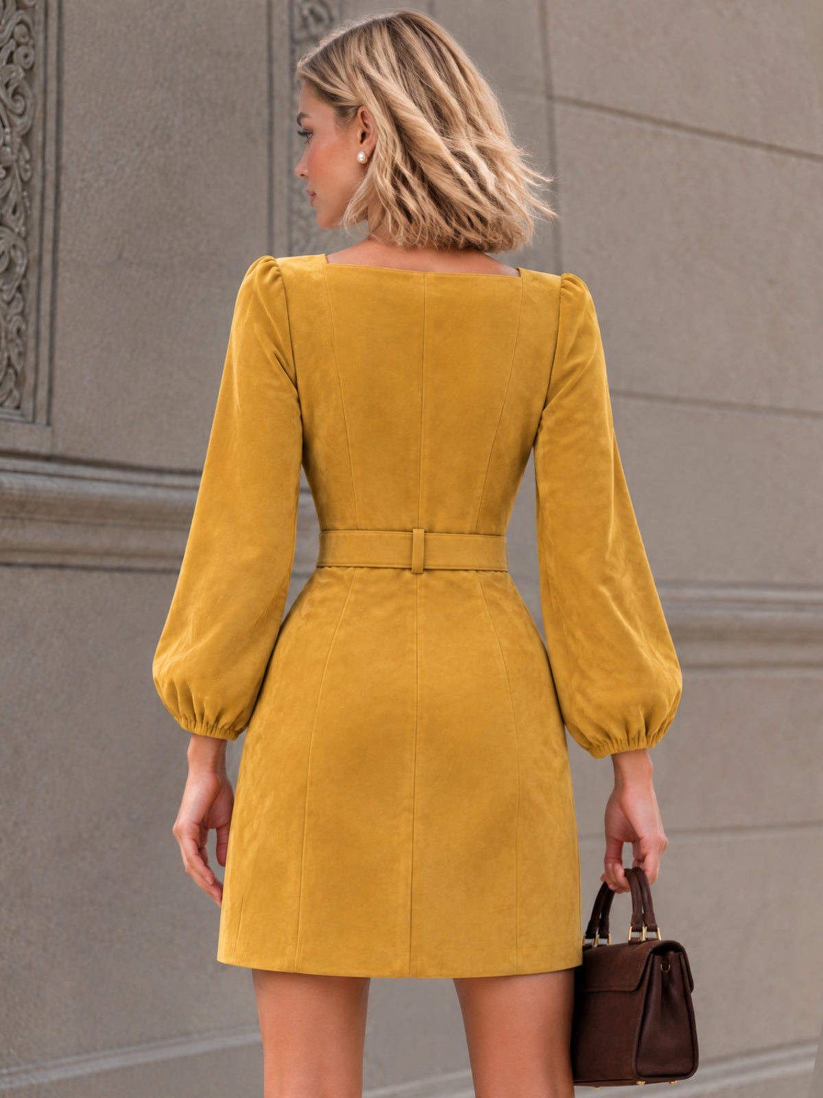 Vintage Faux Suede Belted Zip Mini Dress With Belt