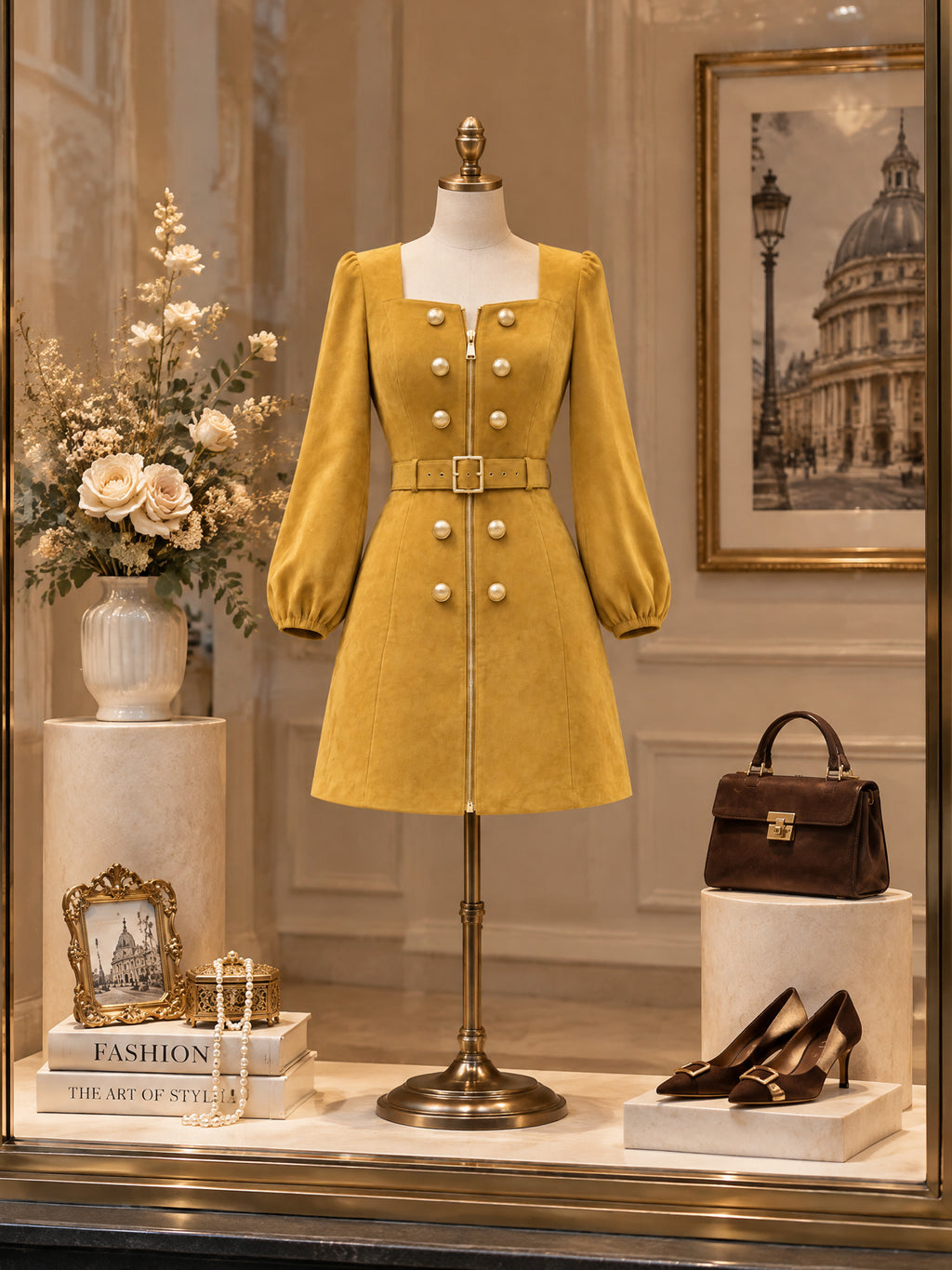 Vintage Faux Suede Belted Zip Mini Dress With Belt