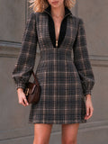 Vintage Plaid Zip Neck Mini Dress