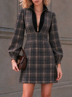 Vintage Plaid Zip Neck Mini Dress