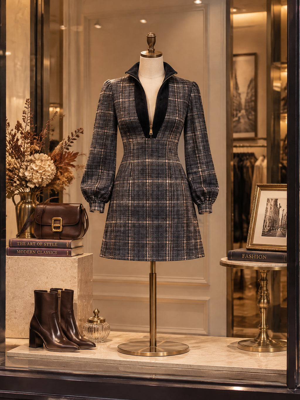 Vintage Plaid Zip Neck Mini Dress