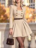 Vintage Stand Collar Double Breasted Wool Blend Mini Dress