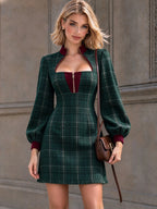 Vintage Plaid Zip Neck Mini Dress