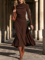 Chocolate Brown Cowl Neck Ruched Waist Long Sleeve Flare Midi Dress