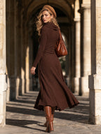 Chocolate Brown Cowl Neck Ruched Waist Long Sleeve Flare Midi Dress