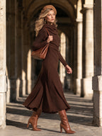 Chocolate Brown Cowl Neck Ruched Waist Long Sleeve Flare Midi Dress