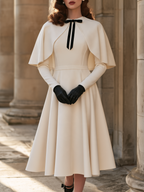 Retro Cream White Cape-Overlay Midi Dress