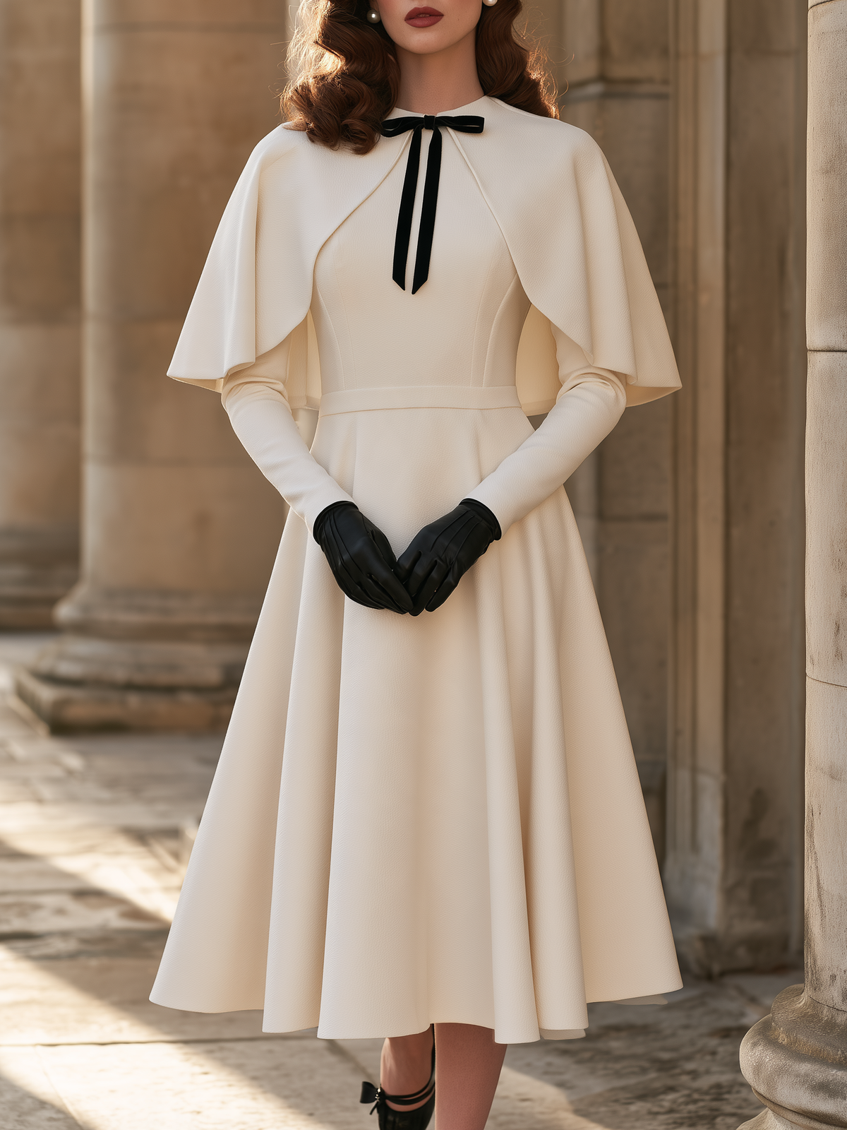 Retro Cream White Cape-Overlay Midi Dress