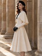 Retro Cream White Cape-Overlay Midi Dress